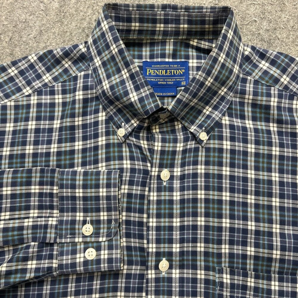 Pendleton Shirt Men M Blue Gray Plaid Long Sleeve Button-Down Lightweight Pocket